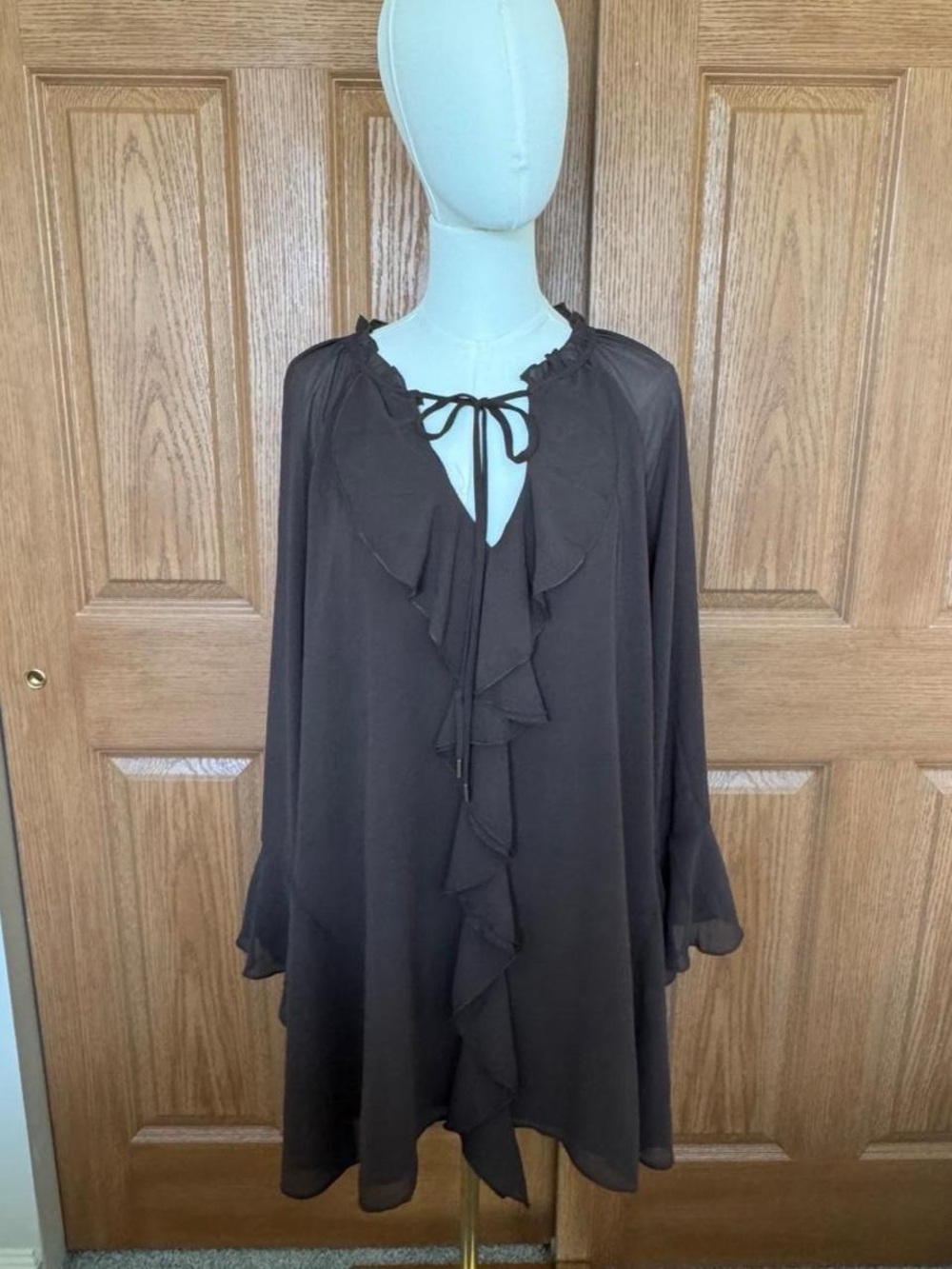 Ruffled Tie-Neck Mini Dress in Dark Brown